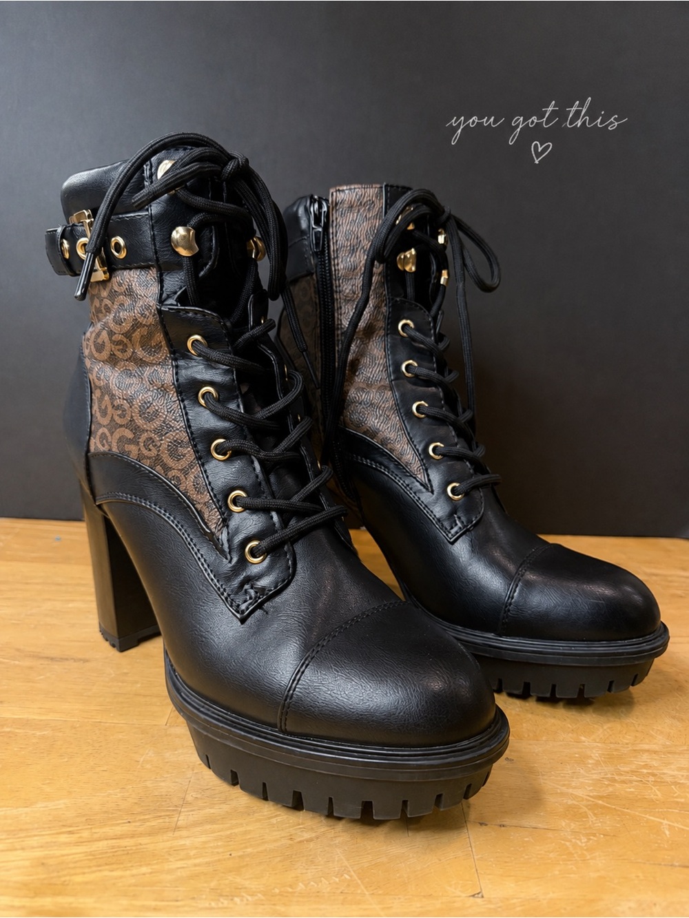 GBG Los Angeles Black and Brown Logo-Print Lace-Up Lug Heel Boots